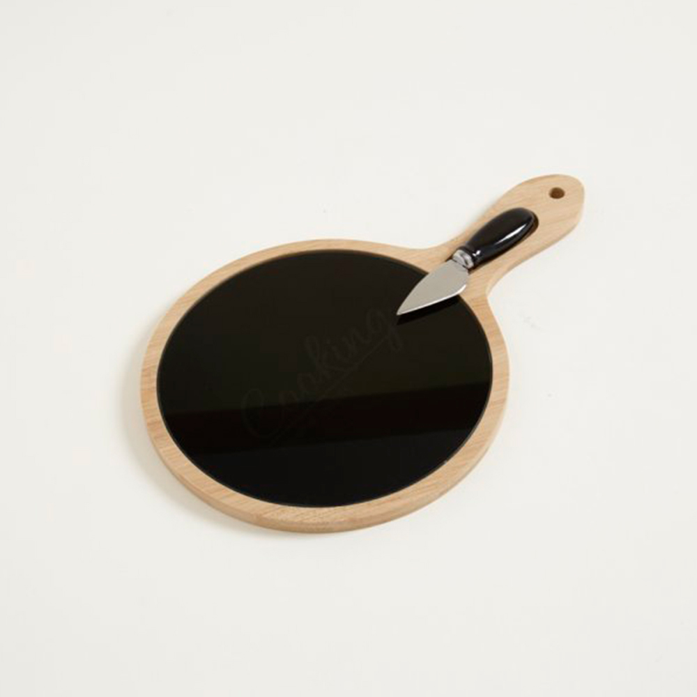TABLA DE QUESOS BAMBOO Y VIDRIO NEGRO CON CUCHILLO 34X22 CM