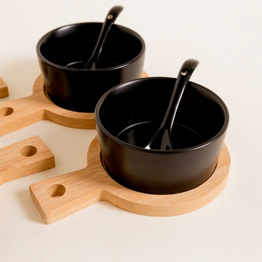 [MIS052] Copetinero cerámica negra con base Bamboo y cucharas 5x9cm por Unidad